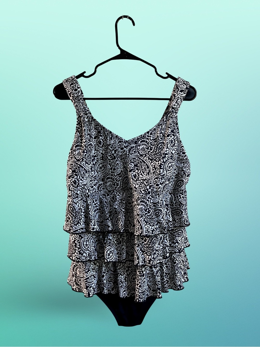 Lands' End Ruffle Fauxkini One Piece Swimsuit Black and White Paisley Sz1X